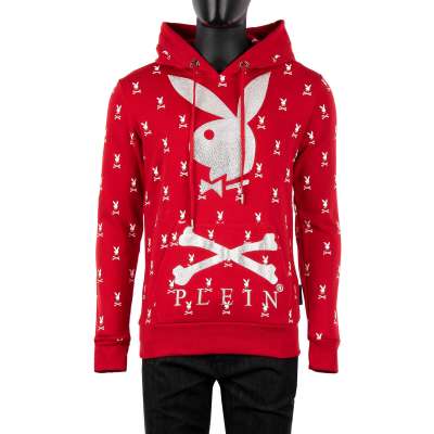 Bunny Print Hoodie mit Kristallen und Logo Rot Weiß