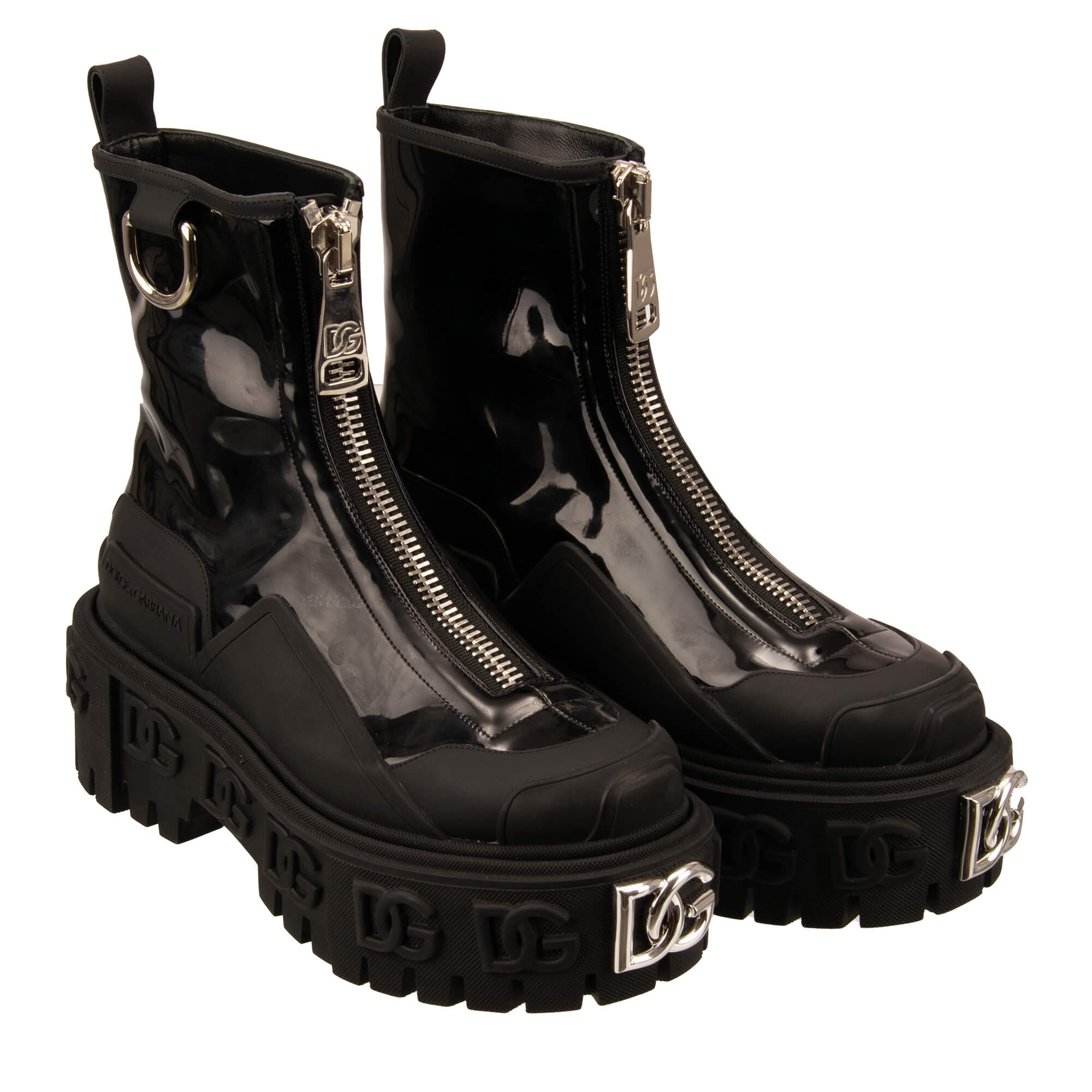 Dolce & Gabbana DG Logo Patent Plateau Hi Trekking Boots Black Silver | FASHION ROOMS