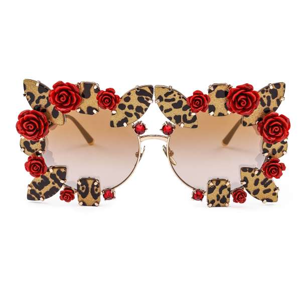 Special Edition runde Oversize Sonnenbrille mit Leopard Elementen, Rosen und Kristallen von DOLCE & GABBANA