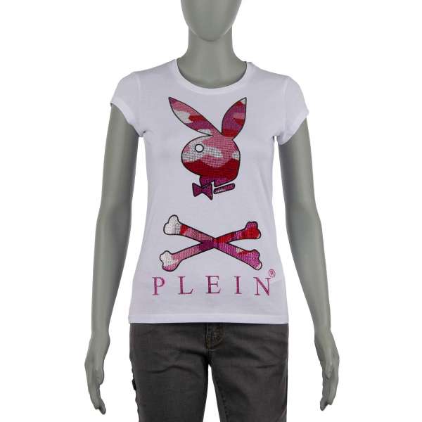 T-Shirt für Damen mit Playboy Plein Bunny Logo und PLEIN Schriftzug aus Strass vorne und PLAYBOY X PLEIN Schriftzug hinten von PHILIPP PLEIN X PLAYBOY