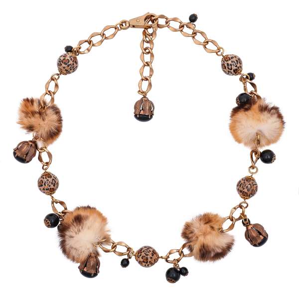 Necklace / Belt chain with filigree details, pearl pendants, leopard pattern fur elements in gold and black by DOLCE & GABBANA