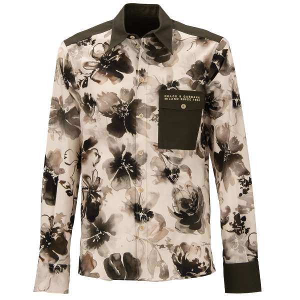 Cotton shirt with flower pattern and decorative DG logo letters applications in cream and military green by DOLCE & GABBANA 