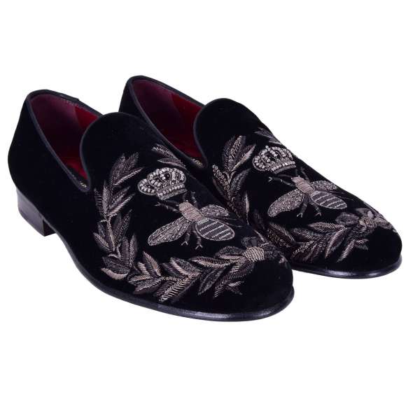 Velvet Loafer MILANO with bee and crown gun metal embroidery by DOLCE & GABBANA Black Label