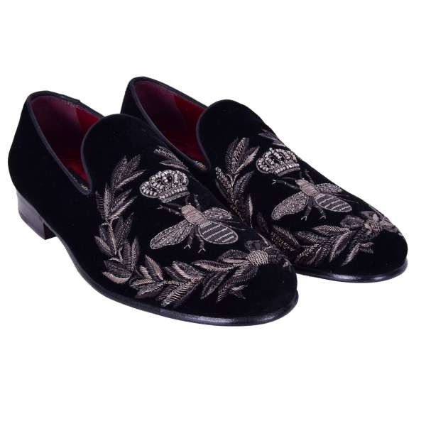 Loafer MILANO aus Samt mit bestickter Biene und Krone aus Gun Metal von DOLCE & GABBANA Black Label