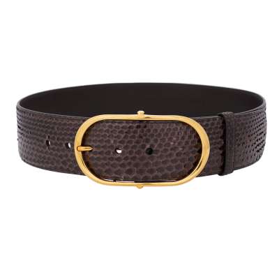 Snake Skin Leather Wide Dress Belt Chocolate Brown Gold
