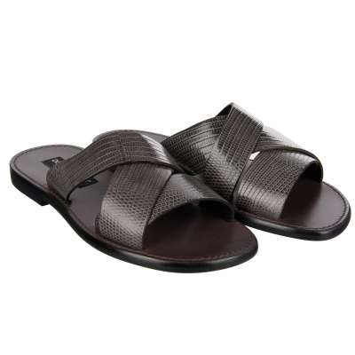 Lizard Textured Leather Sandals Gray