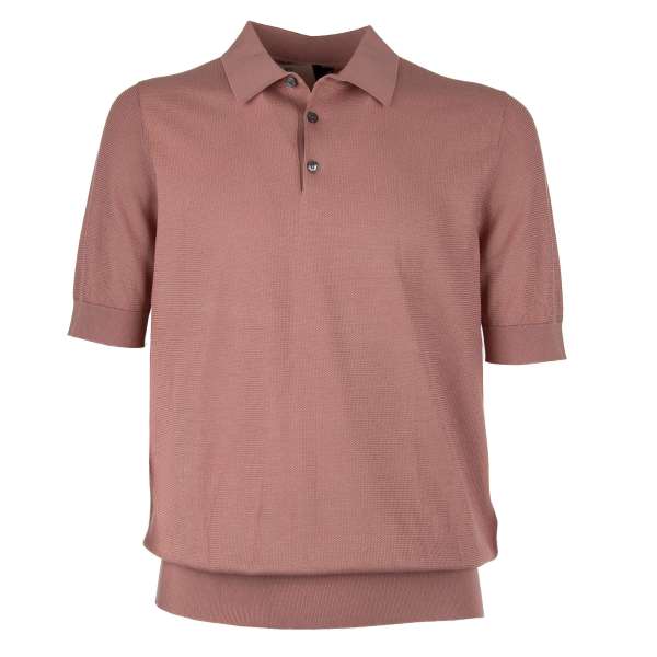 Silk Polo Shirt with woven structure and pearl buttons in pink by DOLCE & GABBANA