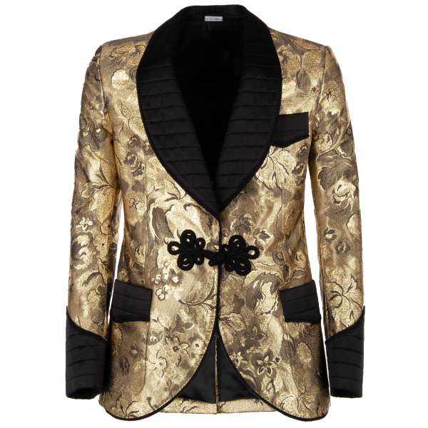 Lurex Tuxedo Blazer im Barock-Stil mit floralem Muster, Seil-Verschluss und schwarzem Kontrast Revers, Manschetten und Taschen von DOLCE & GABBANA