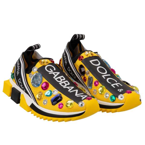 Elastic Slip-On Sneaker SORRENTO with Dolce&Gabbana Logo stripes and Crystals embroidery in yellow, white and black by DOLCE & GABBANA
