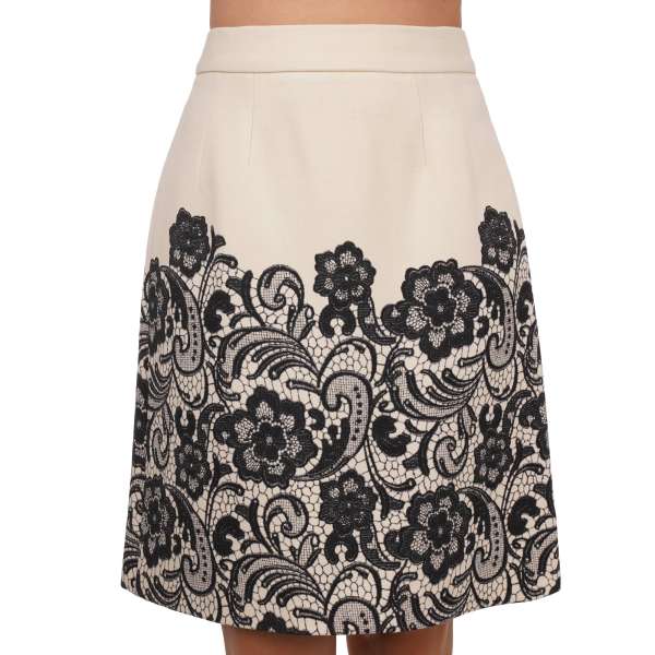 A-Line virgin wool skirt with a floral lace print in black and white by DOLCE & GABBANA 