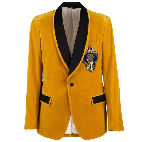 Baroque Style velvet tuxedo / blazer with shawl lapel and coat of arms patch with crown and dog by DOLCE & GABBANA