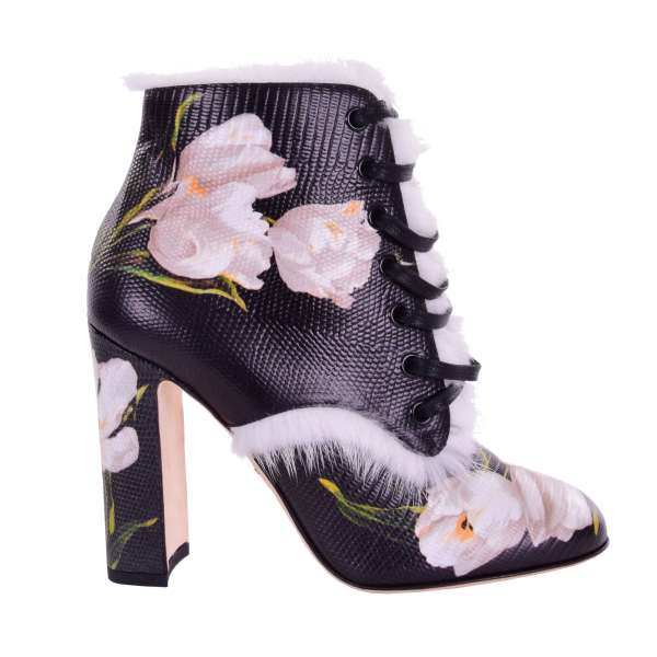 Lace-Up Ankle Boots made of mink fur and leather with lizard texture and floral print by DOLCE & GABBANA Black Label
