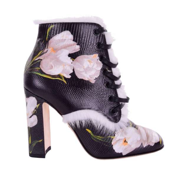 Stiefeletten aus Nerz Pelz und Leder mit Eidechse Textur, Blumen Print und Schnürsenkel von DOLCE & GABBANA Black Label