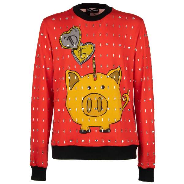 Sweater / Pullover mit Schwein Spardosen Print und Diamanten und Tropfen-Form Kristallen Stickerei in rot  von DOLCE & GABBANA