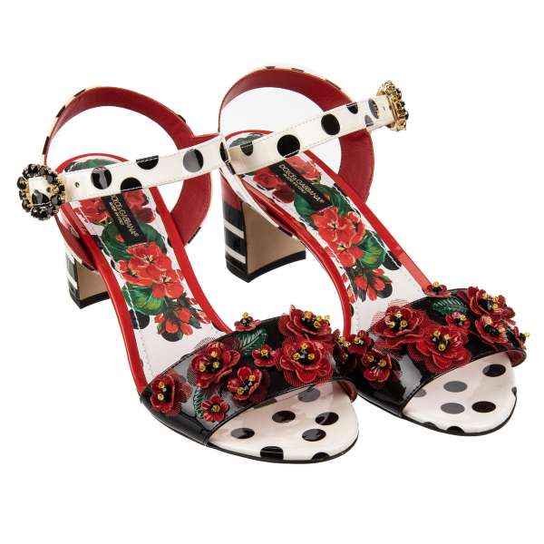 Patent Leather Geranium Sandals KEIRA embellished with crystal flower embroidery in red, white and black by DOLCE & GABBANA