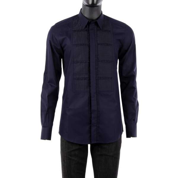 Tuxedo Shirt with striped pattern, short collar and soft placket and ruffles in blue by DOLCE & GABBANA Black Label - GOLD Line