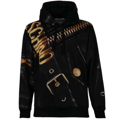 Biker Jacket Logo Print Sweater Hoody Black Gold