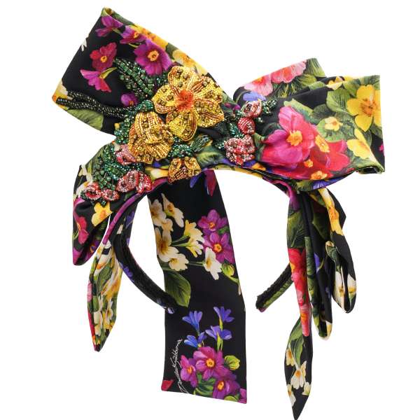 Flower Silk Hairband embelished with crystal and pearls embroidery and ribbons in black by DOLCE & GABBANA