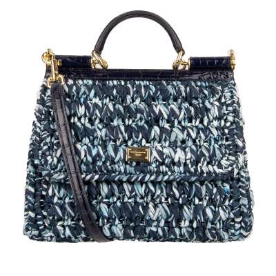 Woven Tote Bag SICILY with Crocodile Leather Details Blue