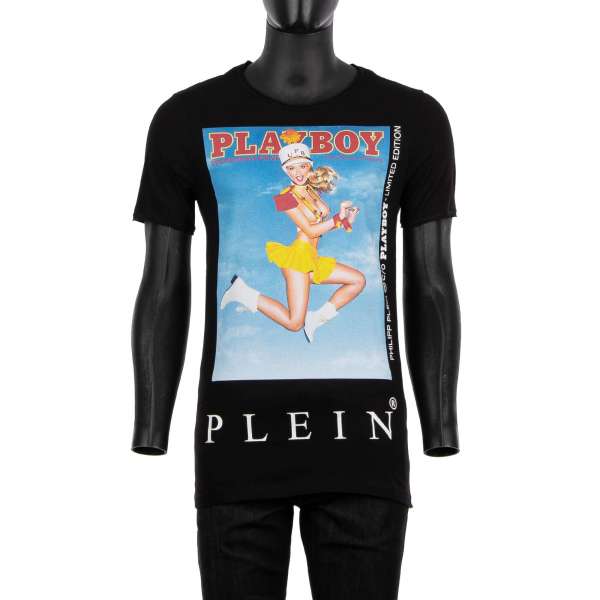T-Shirt mit Magazin Print von Julie Clark / Skategirl mit 'PLAYBOY PLEIN' Print vorne und mit bedrucktem 'Playboy Plein' Schriftzug auf der Rückseite von PHILIPP PLEIN x PLAYBOY