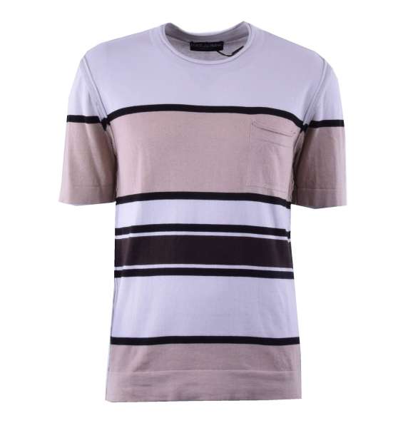 Knitted T-Shirt made of cotton and cashmere with multicolored stripes and front pocket by DOLCE & GABBANA