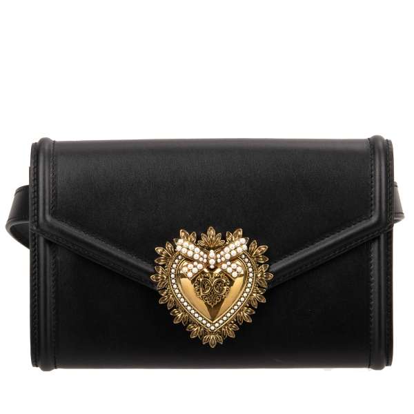 SmSmall leather Belt Bag / Clutch DEVOTION with a large Sacred Heart DG Logo with pearls and detachable belt by DOLCE & GABBANA