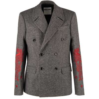 COUTURE Double-Breasted Herringbone Embroidered Jacket Gray