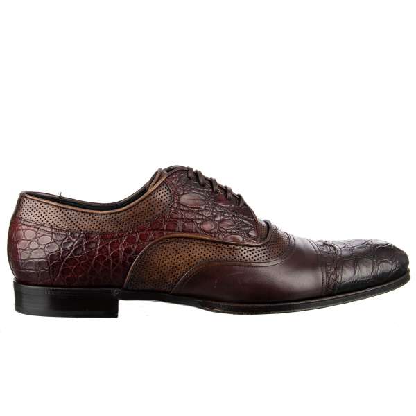 Patchwork Caiman and Calf Leather Derby Shoes NAPOLI in brown and bordeaux by DOLCE & GABBANA