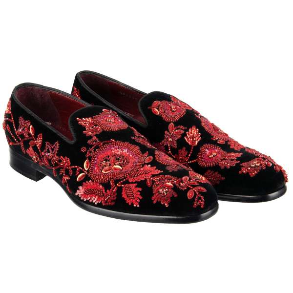 Velvet Loafer SIENA with hand embroidered floral applications made of sequins and small crystals by DOLCE & GABBANA