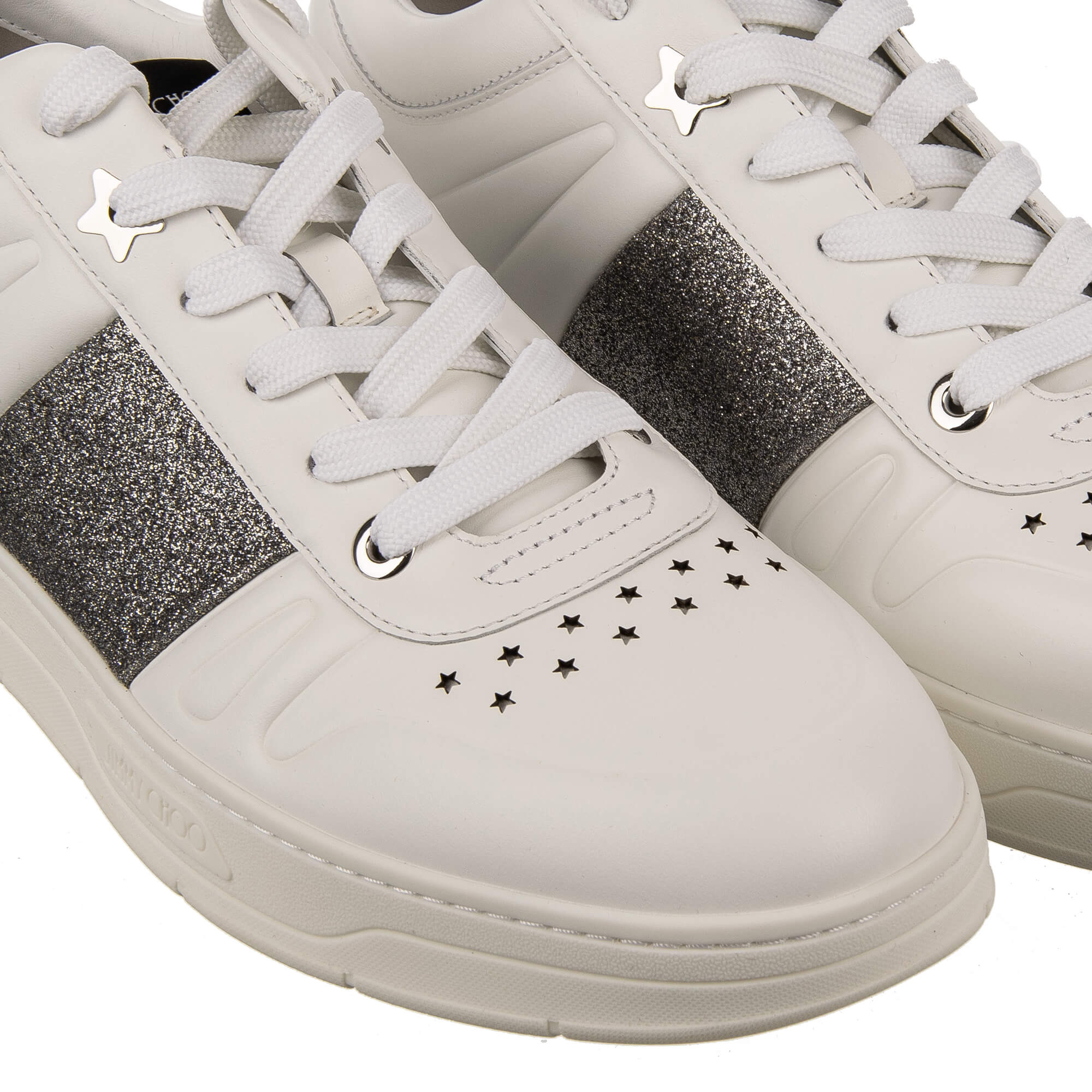 Jimmy Choo Low Top Sneaker HAWAII Logo Stars and Glitter White Silver FASHION ROOMS