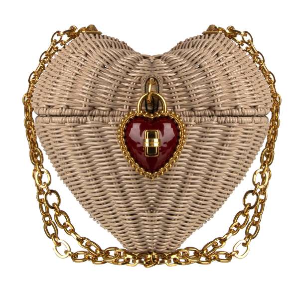 Unique fully hand-crafted cross-body bag / clutch HEART BOX made of woven wicker, painted by hand with decorative heart padlock and chain strap by DOLCE & GABBANA