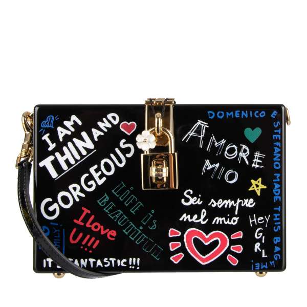 Mural Graffiti shoulder bag / clutch DOLCE BOX with letterings "All I need is Lovs and WiFi" , "Kiss Me" , "Queen of My Heart", "I Am Thin and Beautiful" , "Amore Mio" and others by DOLCE & GABBANA
