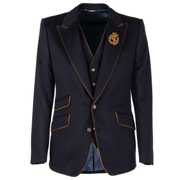  Exclusive Cashmere Jacket / Blazer and Vest Ensemble with embroidered logo and crown, textured buttons and contrsat seams by DOLCE & GABBANA