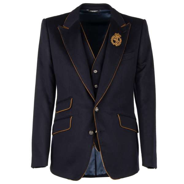 Exklusive Kaschmir Jacke / Blazer und Weste Ensemble mit besticktem DG Logo und Krone Wappen, Knöpfen mit Textur und Kontrast-Nähten aus Leder von DOLCE & GABBANA