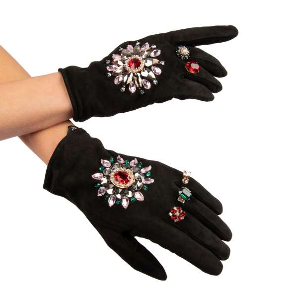 Nappa suede lambskin baroque style gloves with brooches, rings applications and crystals by Dolce&Gabbana Black Label