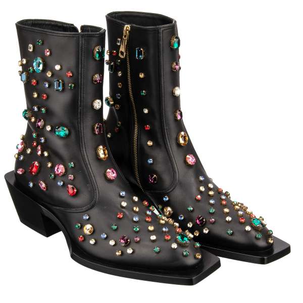 Western Style leather heeled Boots TEXANO with crystals in black by DOLCE & GABBANA 