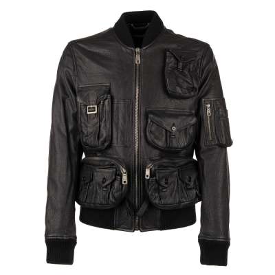 Military Jacke aus Nappa Leder mit vielen Taschen Schwarz