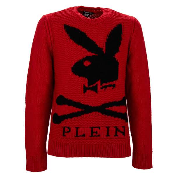 Wide fitted wool Sweater with a large embroidered Bunny Skull logo at the front and 'Playboy X Plein' logo at the back by PHILIPP PLEIN x PLAYBOY