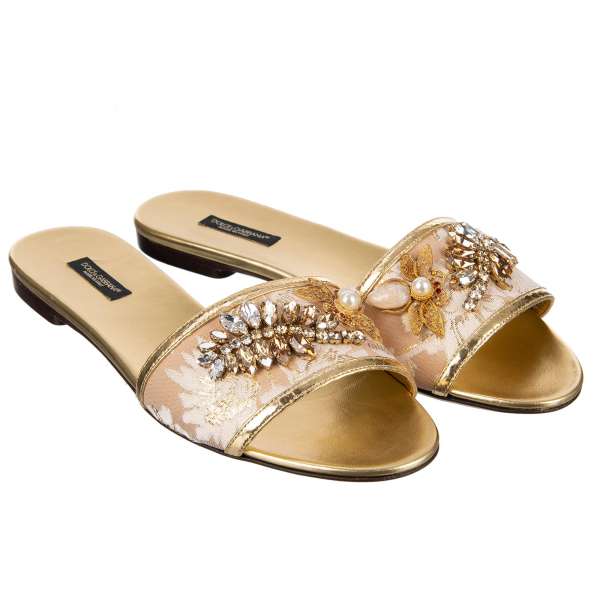 Lurex brocade Sandals BIANCA embellished with crystal brass bee and branch brooches by DOLCE & GABBANA 