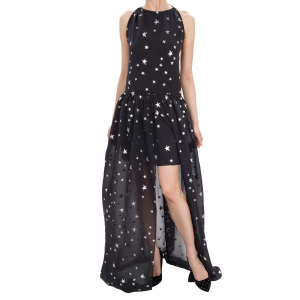 Silber Stern Maxi Kleid aus Chiffon Seide mit Schleppe in Schwarz von AMIRI