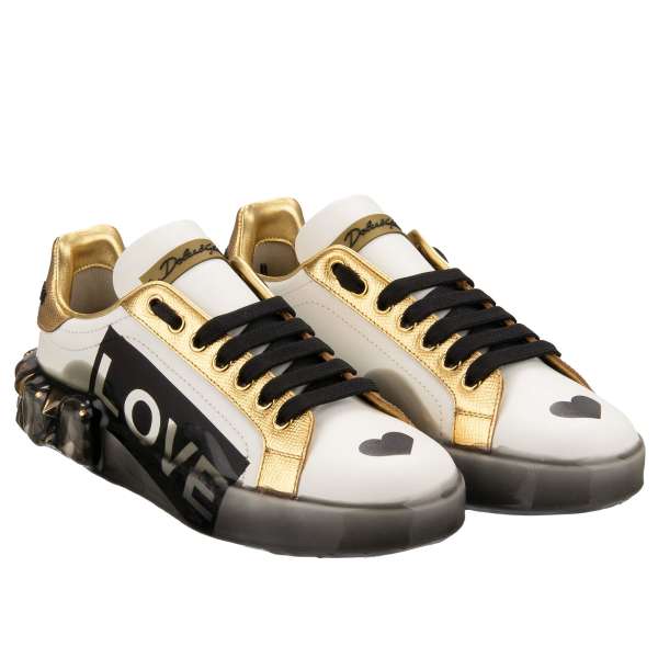Leather Sneaker PORTOFINO with studs, crystals, Love and Heart prints in black, gold and white by DOLCE & GABBANA