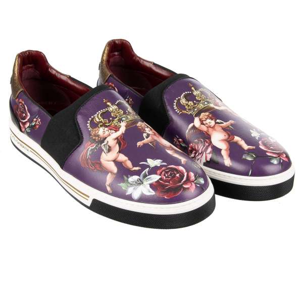 Leather Slip-On Sneaker ROMA with crown, angels and roses print in pruple by DOLCE & GABBANA