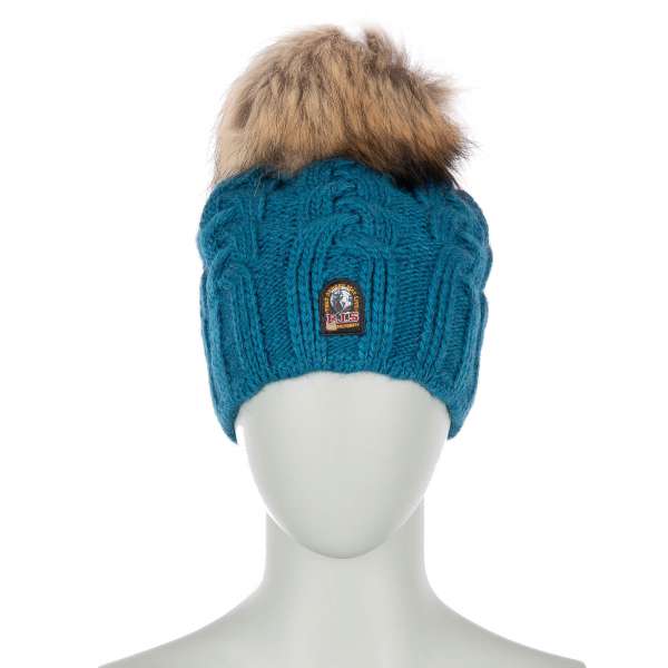 Lined Unisex Cable Hat with detachable real fur pompom and PJS patch in lagoon blue by PARAJUMPERS