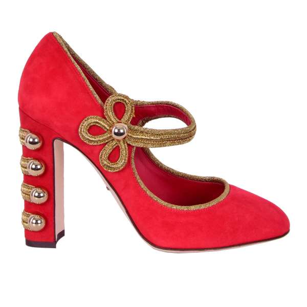 Wildleder Mary Jane Pumps VALLY im Military Stil mit Gold Stickerei und Nieten von DOLCE & GABBANA Black Label