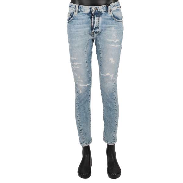 Distressed TIDY BIKER JEAN slim fit 5-pockets Jeans with 1964 Patch on the back in blue by DSQUARED2