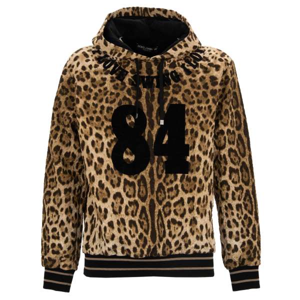 Leopard Print Sweater / Hoodie aus Brokat mit I Love Swing Samt Patches von DOLCE & GABBANA