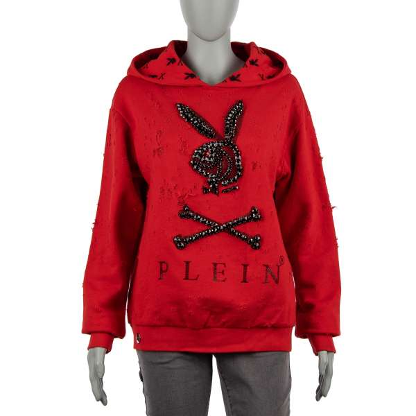 Destroyed Women's Hoody with a large crystals Bunny Skull Logo at the front and crystals PLAYBOY X PLEIN lettering at the back by PHILIPP PLEIN X PLAYBOY