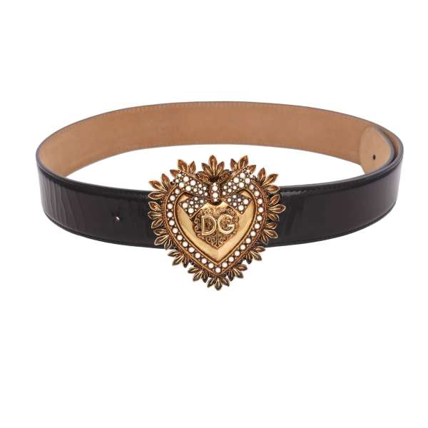 DEVOTION patent leather Belt embellished with Pearl Metal Heart in black and gold by DOLCE & GABBANA 