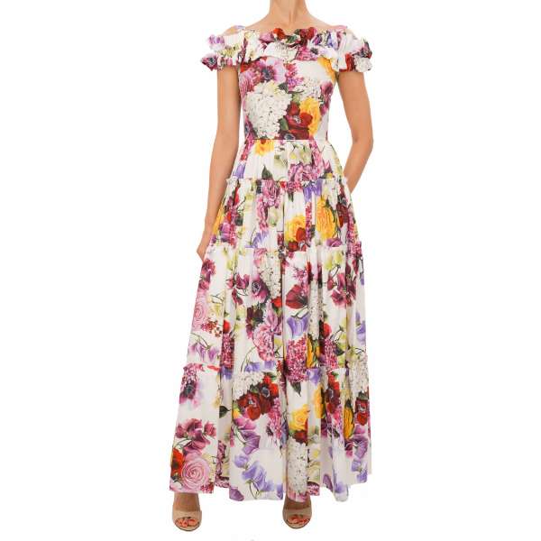 Langes Kleid aus Baumwolle mit mehrfarbigen Blumen Print in Weiß, Lila, Rot und Grün von DOLCE & GABBANA
