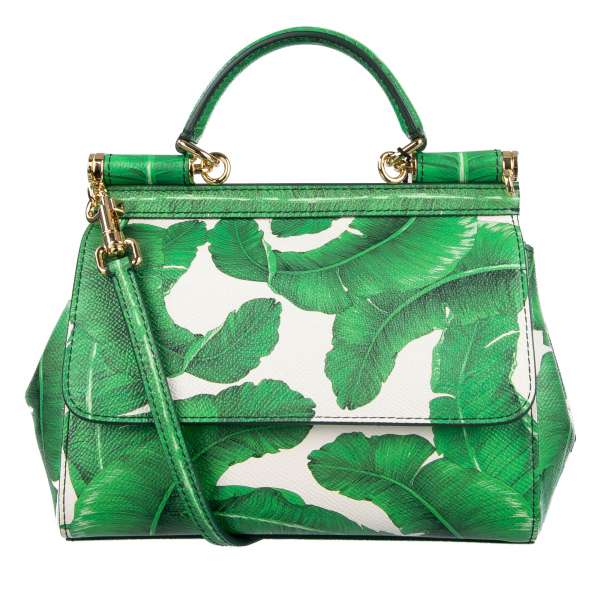 Printed Dauphine Leather Tote / Shoulder Bag SICILY Mini with Banana Leafs / Palms Print and metal logo plate by DOLCE & GABBANA